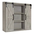 Armoire murale de rangement en bois avec 2 portes coulissantes de style grange – Gris rustique, 3 étagères