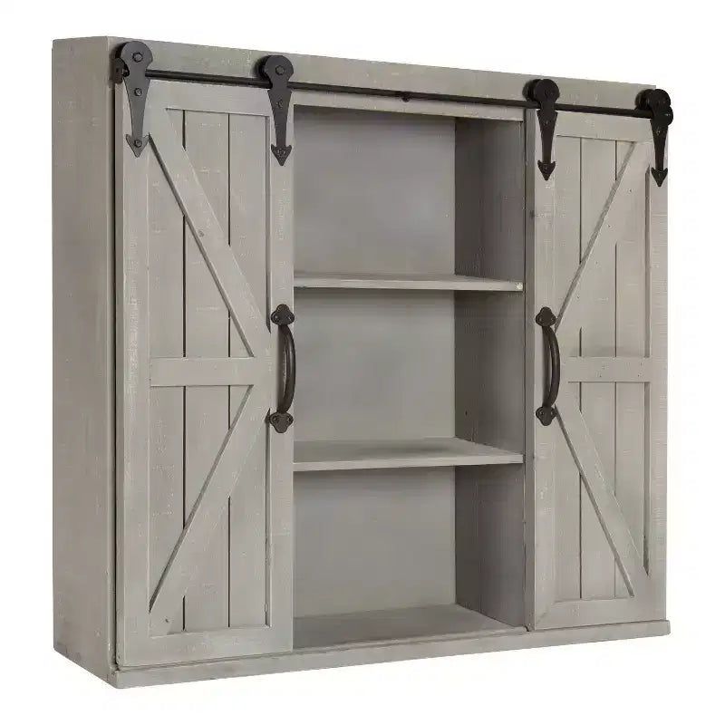 Armoire murale de rangement en bois avec 2 portes coulissantes de style grange – Gris rustique, 3 étagères