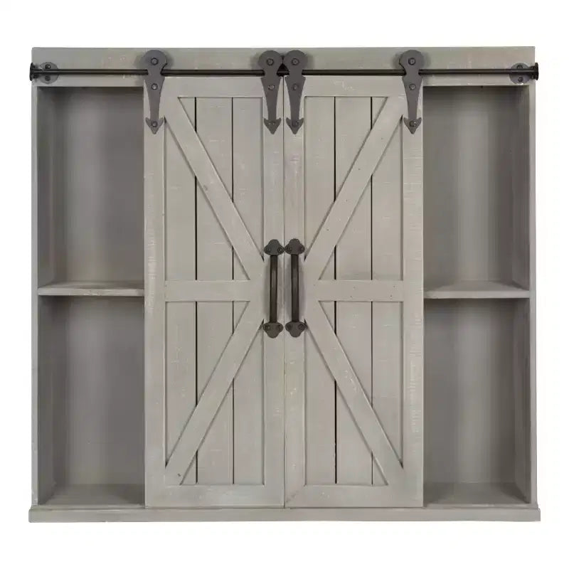 Armoire murale de rangement en bois avec 2 portes coulissantes de style grange – Gris rustique, 3 étagères