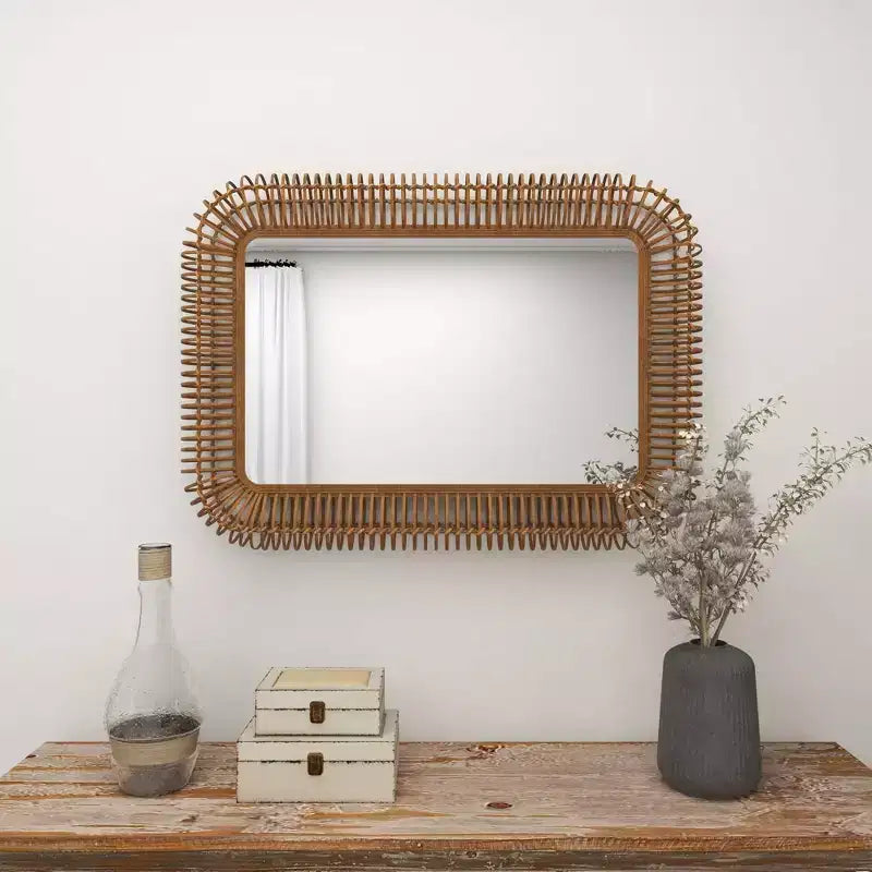 Grand Miroir Mural Rectangulaire en Rotin – Cadre Tressé en Bois Marron, 71,76 cm (l) x 99,39 cm (H)