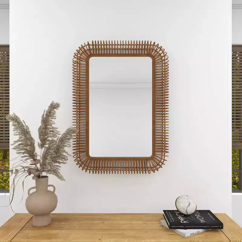 Grand Miroir Mural Rectangulaire en Rotin – Cadre Tressé en Bois Marron, 71,76 cm (l) x 99,39 cm (H)
