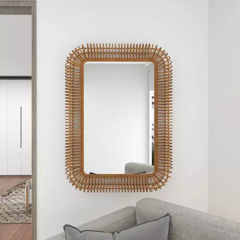 Grand Miroir Mural Rectangulaire en Rotin – Cadre Tressé en Bois Marron, 71,76 cm (l) x 99,39 cm (H)