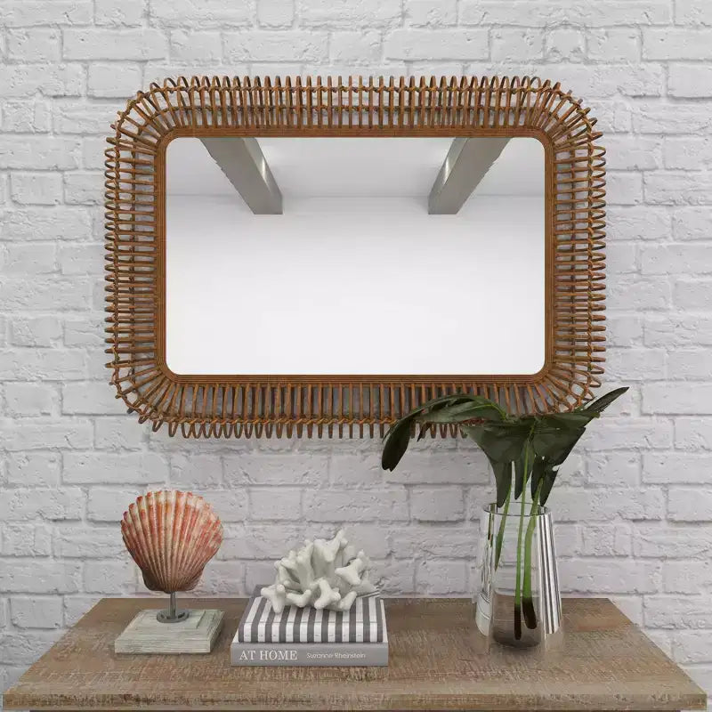Grand Miroir Mural Rectangulaire en Rotin – Cadre Tressé en Bois Marron, 71,76 cm (l) x 99,39 cm (H)