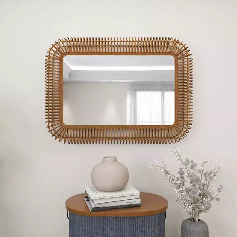 Grand Miroir Mural Rectangulaire en Rotin – Cadre Tressé en Bois Marron, 71,76 cm (l) x 99,39 cm (H)