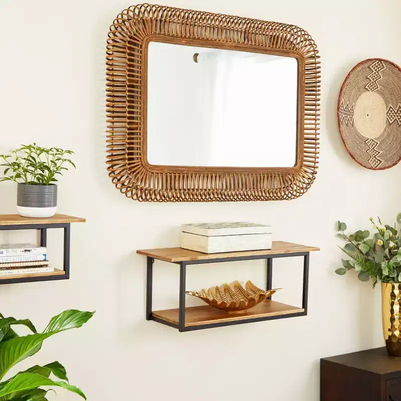 Grand Miroir Mural Rectangulaire en Rotin – Cadre Tressé en Bois Marron, 71,76 cm (l) x 99,39 cm (H)