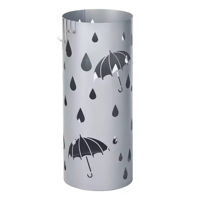 Porte-parapluies rond en métal avec bac de récupération d'eau et 4 crochets – 19,5x49 cm, Gris Argenté