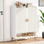 Meuble à chaussures 24 paires avec 7 niveaux et portes battantes – Finition bois blanc, accents dorés