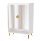 Meuble à chaussures 24 paires avec 7 niveaux et portes battantes – Finition bois blanc, accents dorés