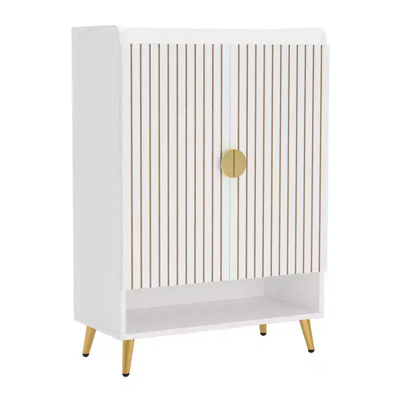 Meuble à chaussures 24 paires avec 7 niveaux et portes battantes – Finition bois blanc, accents dorés