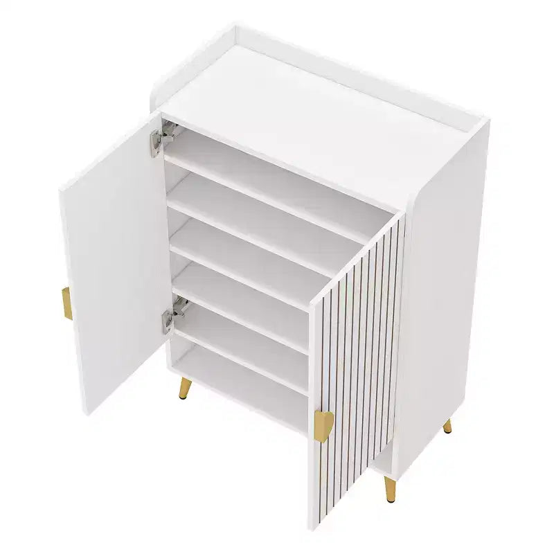 Meuble à chaussures 24 paires avec 7 niveaux et portes battantes – Finition bois blanc, accents dorés