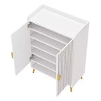 Meuble à chaussures 24 paires avec 7 niveaux et portes battantes – Finition bois blanc, accents dorés
