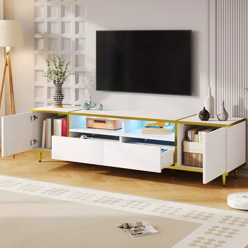Meuble TV moderne de 180 cm pour téléviseurs de 203 cm – Lumières LED, 2 armoires, 2 tiroirs et 6 pieds en métal