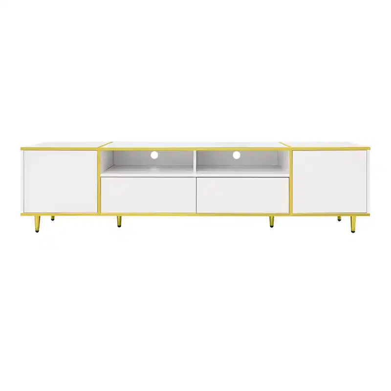 Meuble TV moderne de 180 cm pour téléviseurs de 203 cm – Lumières LED, 2 armoires, 2 tiroirs et 6 pieds en métal