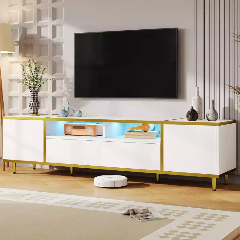 Meuble TV moderne de 180 cm pour téléviseurs de 203 cm – Lumières LED, 2 armoires, 2 tiroirs et 6 pieds en métal
