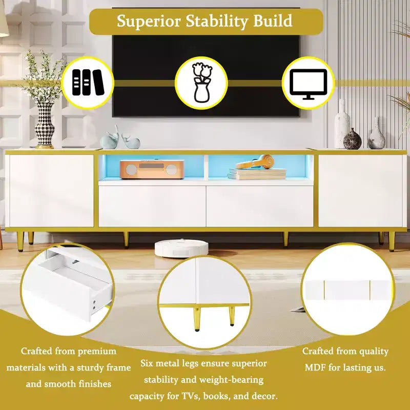 Meuble TV moderne de 180 cm pour téléviseurs de 203 cm – Lumières LED, 2 armoires, 2 tiroirs et 6 pieds en métal
