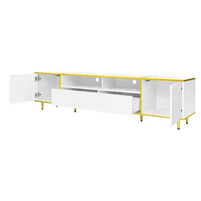 Meuble TV moderne de 180 cm pour téléviseurs de 203 cm – Lumières LED, 2 armoires, 2 tiroirs et 6 pieds en métal