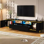 Meuble TV moderne de 180 cm pour téléviseurs de 203 cm – Lumières LED, 2 armoires, 2 tiroirs et 6 pieds en métal
