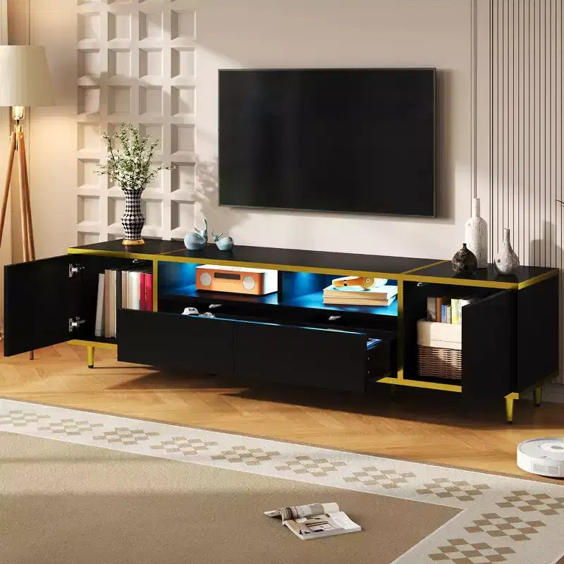 Meuble TV moderne de 180 cm pour téléviseurs de 203 cm – Lumières LED, 2 armoires, 2 tiroirs et 6 pieds en métal