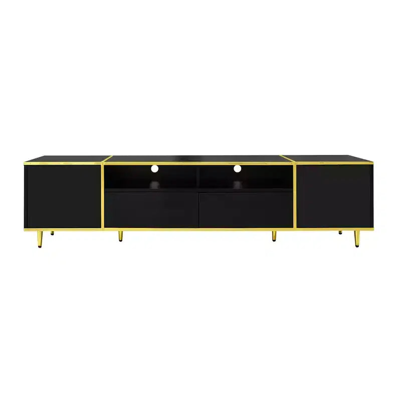 Meuble TV moderne de 180 cm pour téléviseurs de 203 cm – Lumières LED, 2 armoires, 2 tiroirs et 6 pieds en métal