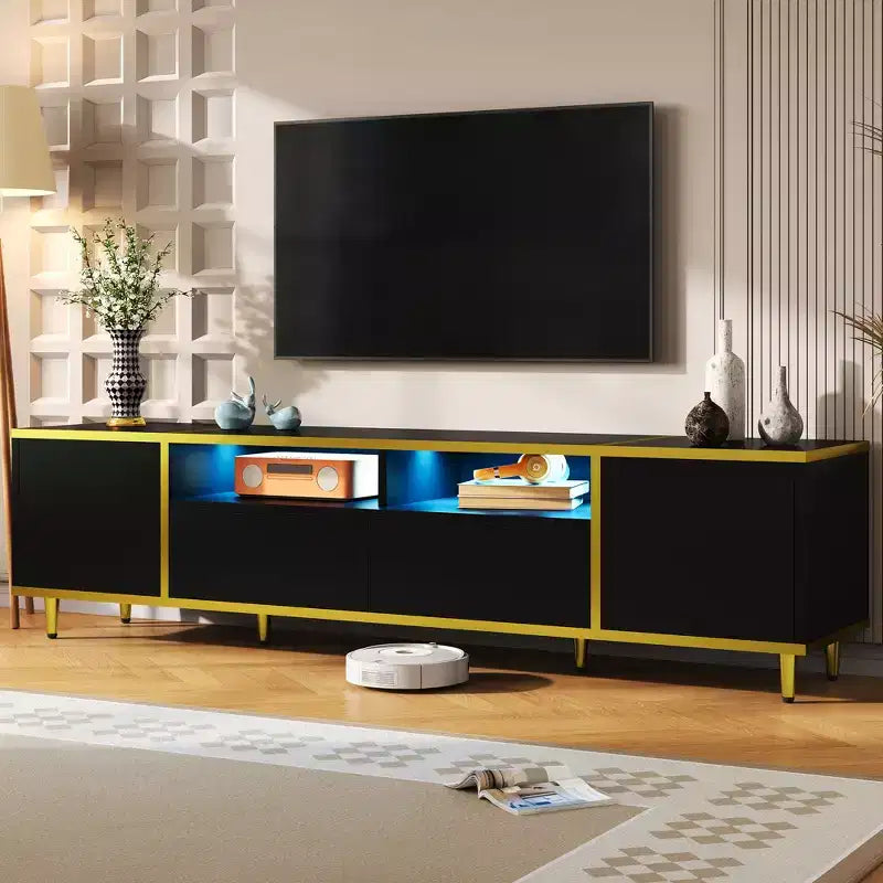 Meuble TV moderne de 180 cm pour téléviseurs de 203 cm – Lumières LED, 2 armoires, 2 tiroirs et 6 pieds en métal