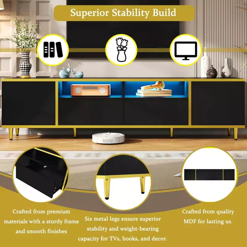 Meuble TV moderne de 180 cm pour téléviseurs de 203 cm – Lumières LED, 2 armoires, 2 tiroirs et 6 pieds en métal