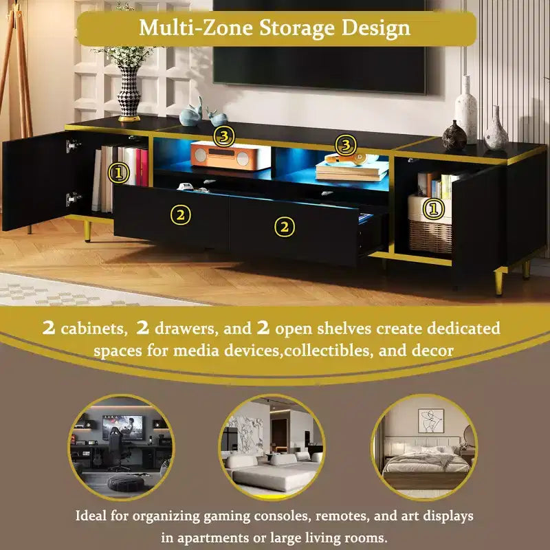 Meuble TV moderne de 180 cm pour téléviseurs de 203 cm – Lumières LED, 2 armoires, 2 tiroirs et 6 pieds en métal