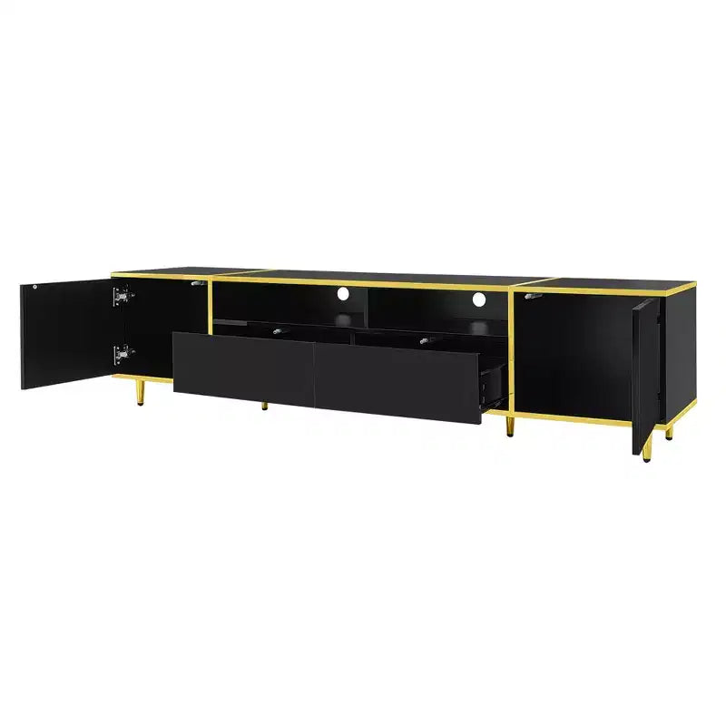 Meuble TV moderne de 180 cm pour téléviseurs de 203 cm – Lumières LED, 2 armoires, 2 tiroirs et 6 pieds en métal