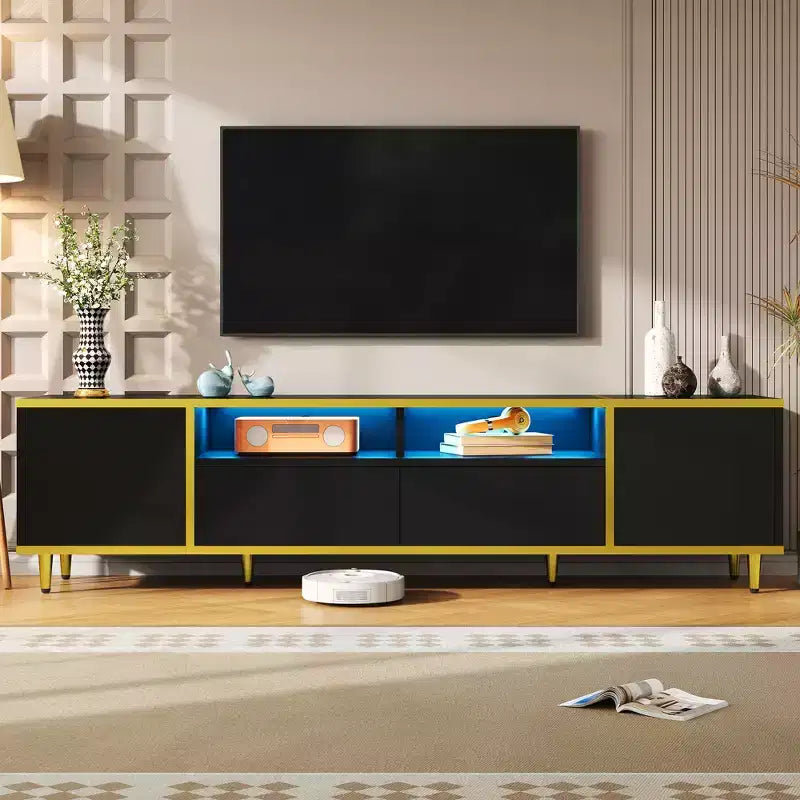 CLIHOME 70.9'' Modern TV Stand for TVs up to 80 Inches, LED Lights TV Storage Cabinet, Entertainment Center with 2 Shelves