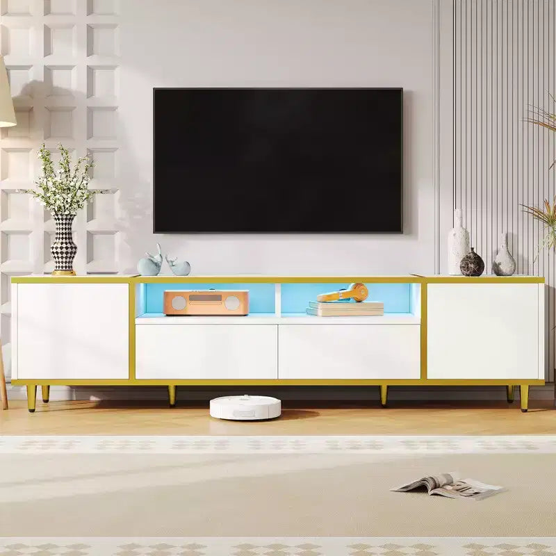 Meuble TV moderne de 180 cm pour téléviseurs de 203 cm – Lumières LED, 2 armoires, 2 tiroirs et 6 pieds en métal