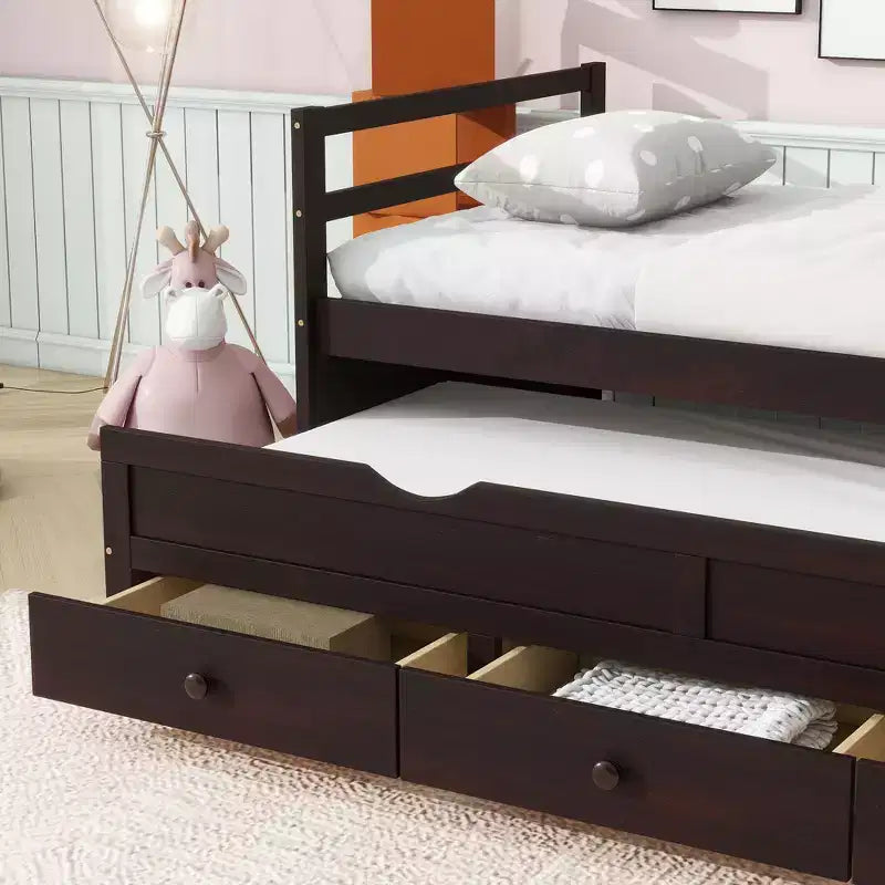 Lit simple avec tête de lit, lit gigogne et 3 tiroirs de rangement – Cadre en pin, sans sommier à ressorts