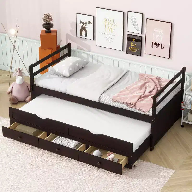 Lit simple avec tête de lit, lit gigogne et 3 tiroirs de rangement – Cadre en pin, sans sommier à ressorts
