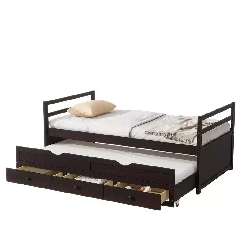 Lit simple avec tête de lit, lit gigogne et 3 tiroirs de rangement – Cadre en pin, sans sommier à ressorts