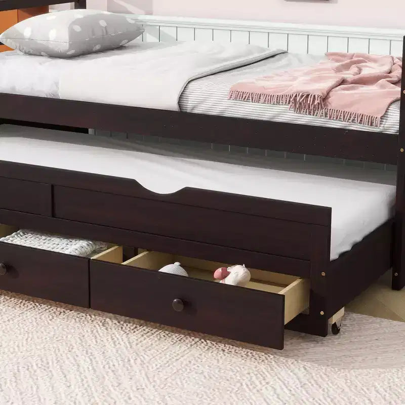 Lit simple avec tête de lit, lit gigogne et 3 tiroirs de rangement – Cadre en pin, sans sommier à ressorts