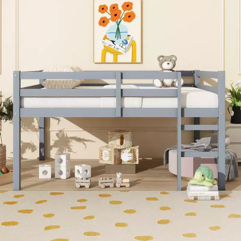 MAYEERTY Rubber Woood Loft Bed with Safety Ladder Gray