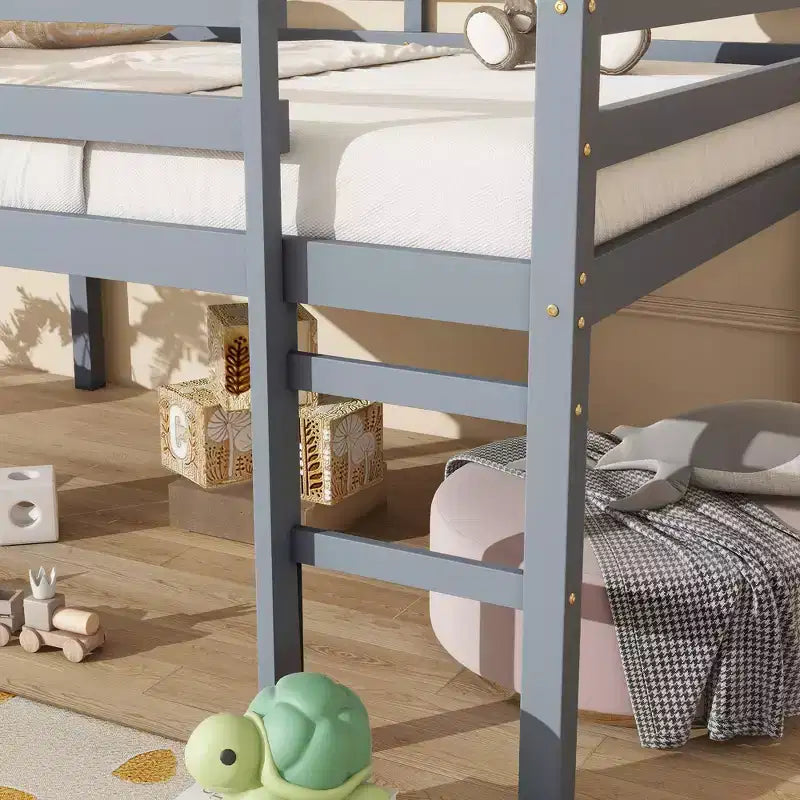 Lit mezzanine en bois d'hévéa avec échelle sécurisée – Gris, 112,5 cm de hauteur, sans sommier tapissier