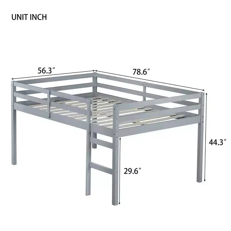 Lit mezzanine en bois d'hévéa avec échelle sécurisée – Gris, 112,5 cm de hauteur, sans sommier tapissier