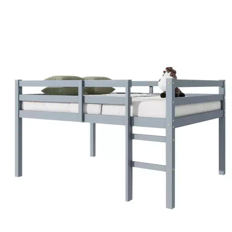 Lit mezzanine en bois d'hévéa avec échelle sécurisée – Gris, 112,5 cm de hauteur, sans sommier tapissier