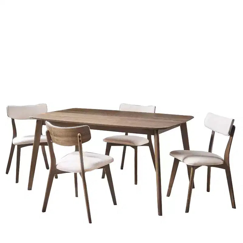 Ensemble de salle à manger 5 pièces style milieu de siècle – Table en bois d'hévéa et 4 chaises rembourrées, 4 places