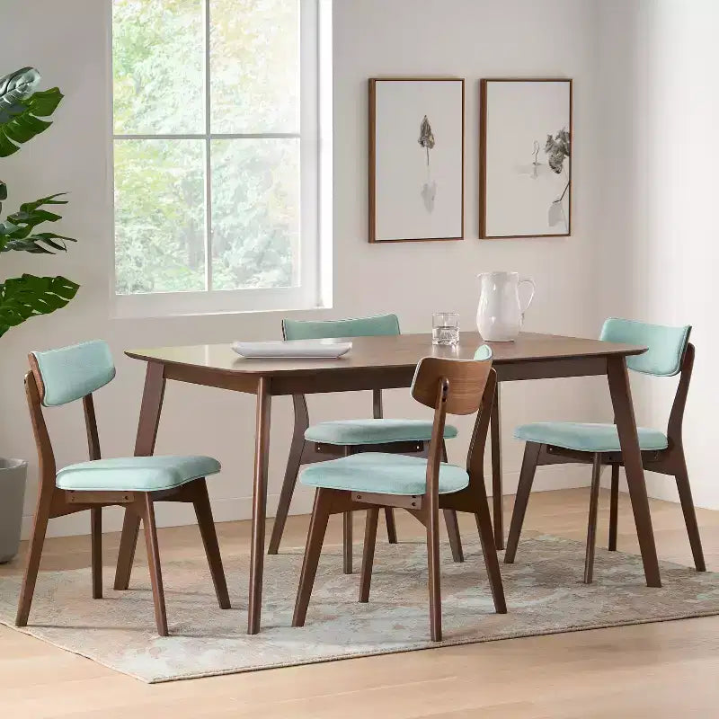 Ensemble de salle à manger 5 pièces style milieu de siècle – Table en bois d'hévéa et 4 chaises rembourrées, 4 places