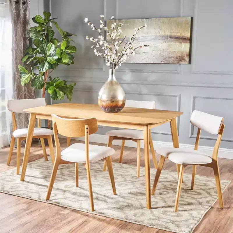 Ensemble de salle à manger 5 pièces style milieu de siècle – Table en bois d'hévéa et 4 chaises rembourrées, 4 places