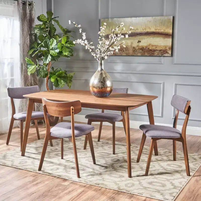 Ensemble de salle à manger 5 pièces style milieu de siècle – Table en bois d'hévéa et 4 chaises rembourrées, 4 places