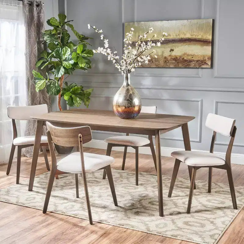 Ensemble de salle à manger 5 pièces style milieu de siècle – Table en bois d'hévéa et 4 chaises rembourrées, 4 places