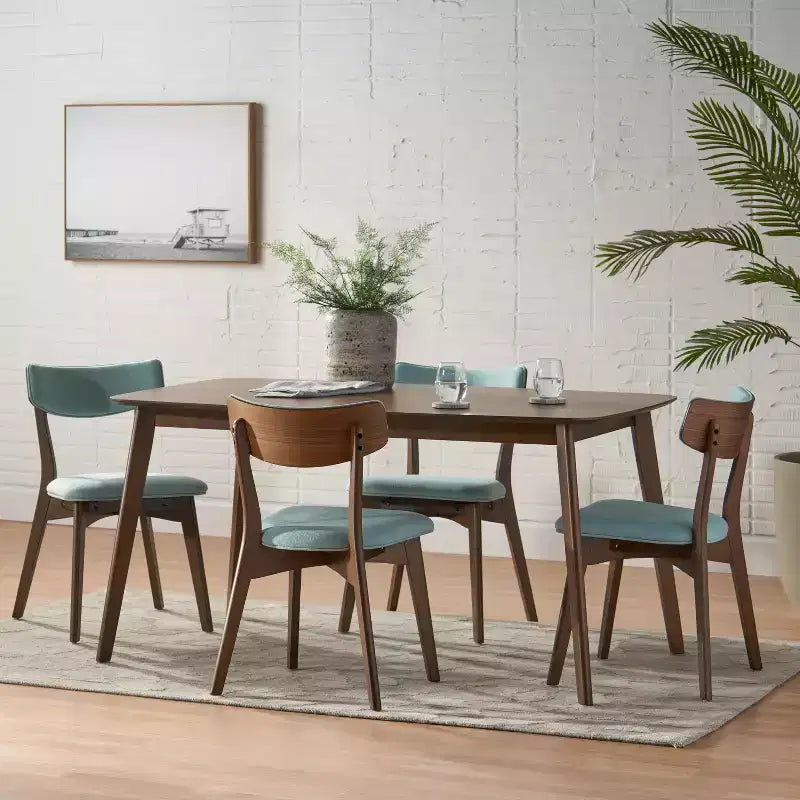 Ensemble de salle à manger 5 pièces style milieu de siècle – Table en bois d'hévéa et 4 chaises rembourrées, 4 places