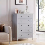 Commode haute à 5 tiroirs avec poignées rondes en nickel et kit anti-basculement – Bois blanc