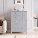 Commode haute à 5 tiroirs avec poignées rondes en nickel et kit anti-basculement – Bois blanc