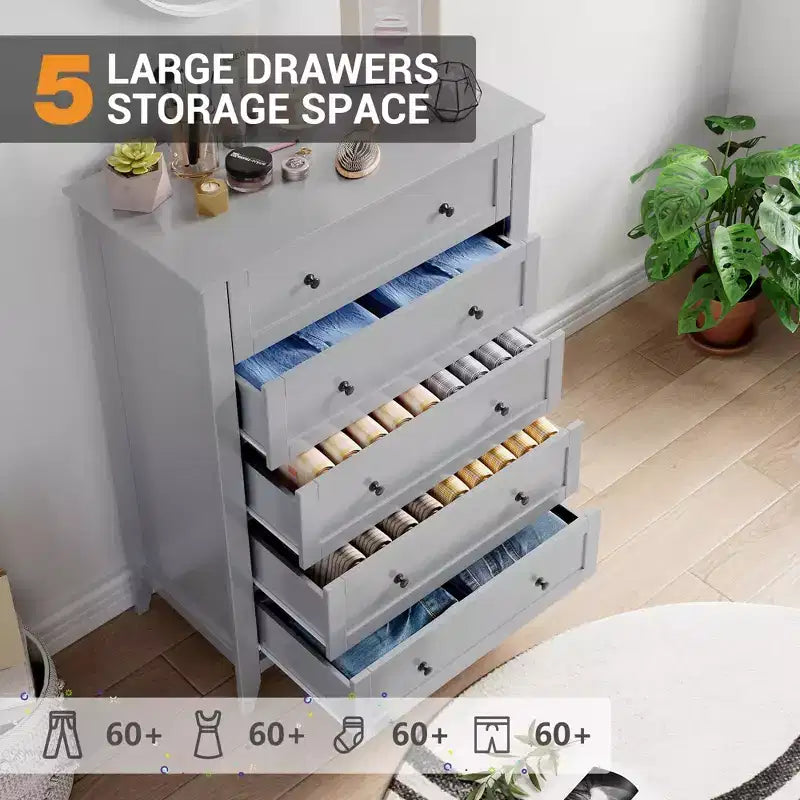 Commode haute à 5 tiroirs avec poignées rondes en nickel et kit anti-basculement – Bois blanc