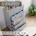 Commode haute à 5 tiroirs avec poignées rondes en nickel et kit anti-basculement – Bois blanc