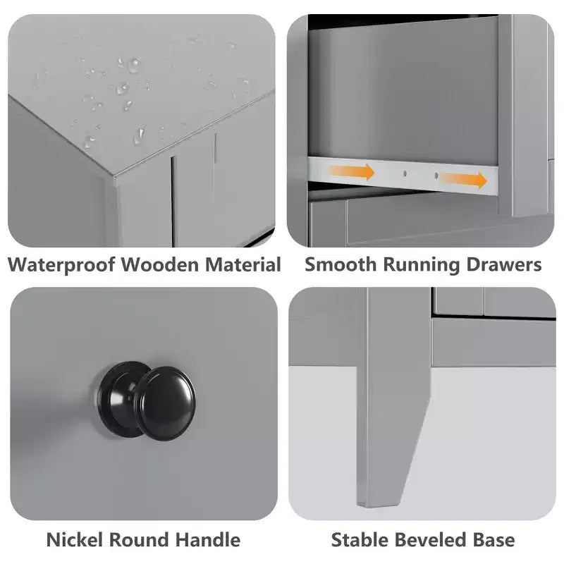 Commode haute à 5 tiroirs avec poignées rondes en nickel et kit anti-basculement – Bois blanc