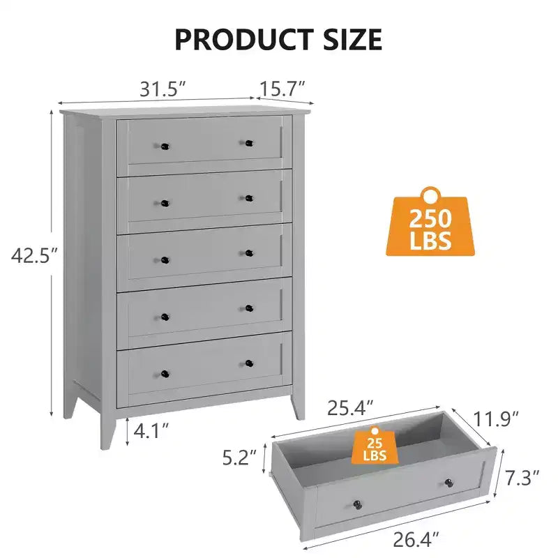 Commode haute à 5 tiroirs avec poignées rondes en nickel et kit anti-basculement – Bois blanc