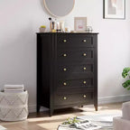 Commode haute à 5 tiroirs avec poignées rondes en nickel et kit anti-basculement – Bois blanc